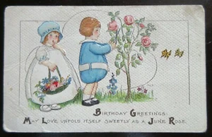 Postal de CUMPLEAÑOS Usada de Colección NIÑOS RECOGIENDO ROSAS MEP ARTIST SERIE 97 E - Imagen 1 de 4