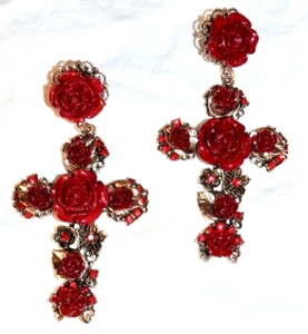Red Rose Earrings on Large Crosses with Red Rhinestones - Picture 1 of 4