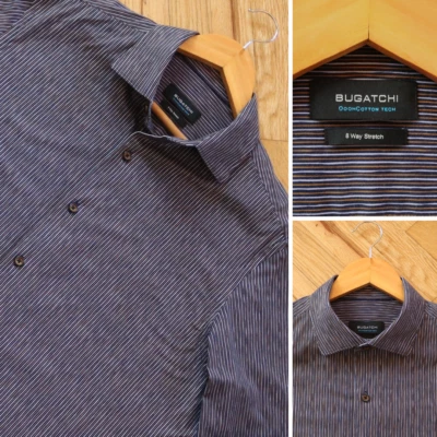 BUGATCHI Shirt Men's L OoohCotton Tech 8 Way-Stretch Bronze Striped Performance - Image 1 of 4