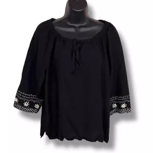 Vintage Size 14 Giorgio Saint Angelo Black Linen Blouse Top Boho Peasant - Picture 1 of 13
