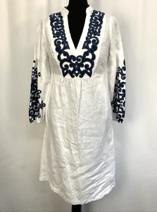 Boden Leonie White Linen Dress Blue Applique V-Neck Women's UK8 Petite C3827 - Picture 1 of 12
