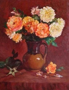 Roses Flowers bouquet modern oil painting the author 17,5"х14,5" 45x37cm - Picture 1 of 1