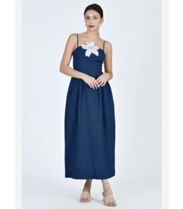Fanm Mon Large LORR LINEN LATRICE DRESS Navy Flower Embroidered Pleats Pockets - Picture 1 of 17