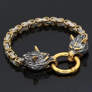 Bracciale Uomo Lupo Oro Acciaio Inox Norse Celtico Fenrir Bracciale Vichingo - Foto 1 di 12