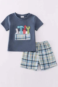 Boy's Boutique Blue Tool Box Applique Embroidered Embroidery 2 Piece Shorts Outf - Picture 1 of 9