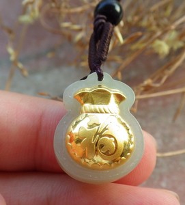 Certified 24K Yellow Gold Filled Hetian Nephrite Natural Jade Fu Bag 代代有钱 816996