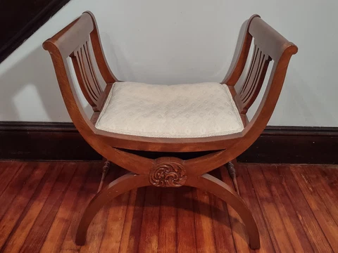 Vintage French Antique Curule Bench/Seat  Armrests & Scrolling. One Of A Kind! Cover