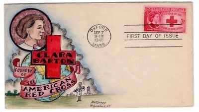 #967 Clara Barton Red Cross Dorothy Knapp Hand Painted FDC Oxford MA - SPECIAL - Image 1 of 2