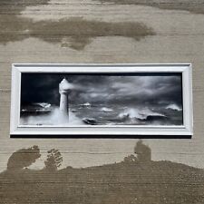 Black & white lighthouse ocean lake distressed Wood Frame photo art Beach House
