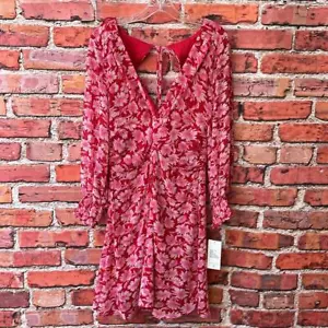 Pink and Red Floral Julia Jordan Chiffon Long Sleeve Faux Wrap Mini Dress - Picture 1 of 9