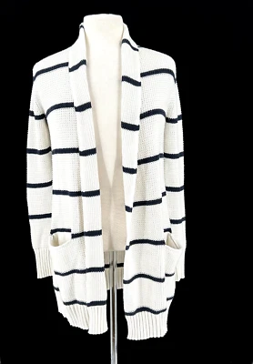 Athleta Waffle Knit Cardigan Sweater XS White Blue Stripe Slouchy Pockets - Image 1 of 4