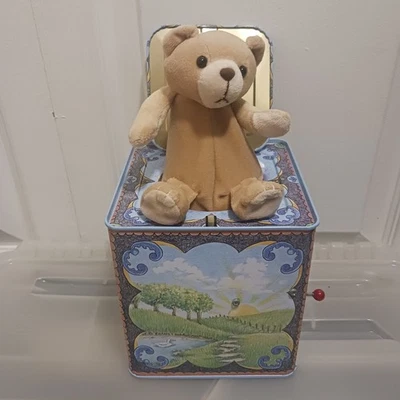 Classic Toy Bear Jack-in-the-box Blue and Gold Decorative Tin Box Beige Bear - Image 1 of 4