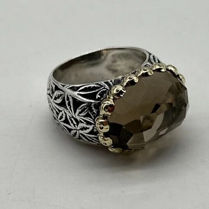 Anillo vintage de plata esterlina facetado cuarzo ahumado borde oro 14K dos tonos talla 7 - Imagen 1 de 13