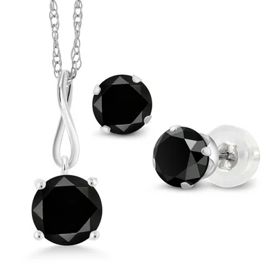 2.20 Ct Round Black Diamond 10K White Gold Pendant Earrings Set - Image 1 of 4