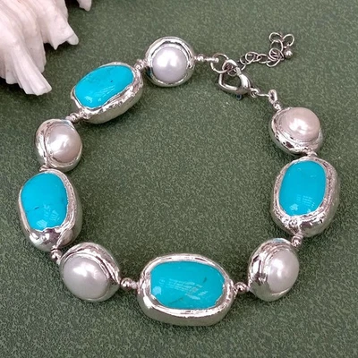 Cultured White Pearl Blue Turquoise Beaded Bracelet Women Men Jewelry - Image 1 of 4