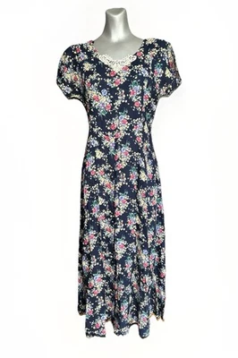Vintage 90s Floral Dress Women 9/10 Medium Whimsy Cottage Boho Midi Sundress USA - Image 1 of 4