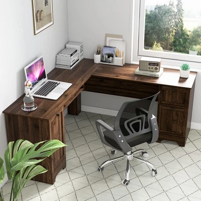 Corner Computer Desk Home Office L-Shaped Workstation Study Writing Table Brown - Image 1 of 4
