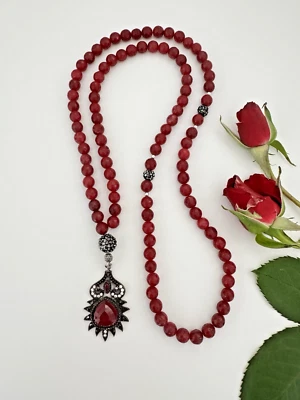Handmade Burgundy Gemstone 99 Prayer Rosary Tasbih Pavé Accent Necklace Gift Foto 1 de 4