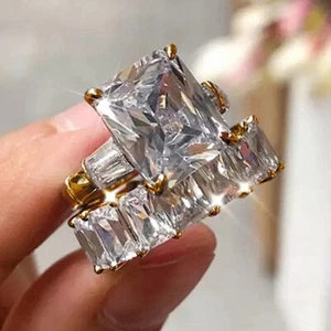 2pcs/set 925 Silver Filled,Gold Plated Rings Women Cubic Zircon Jewelry Sz 6-10 - Picture 1 of 22