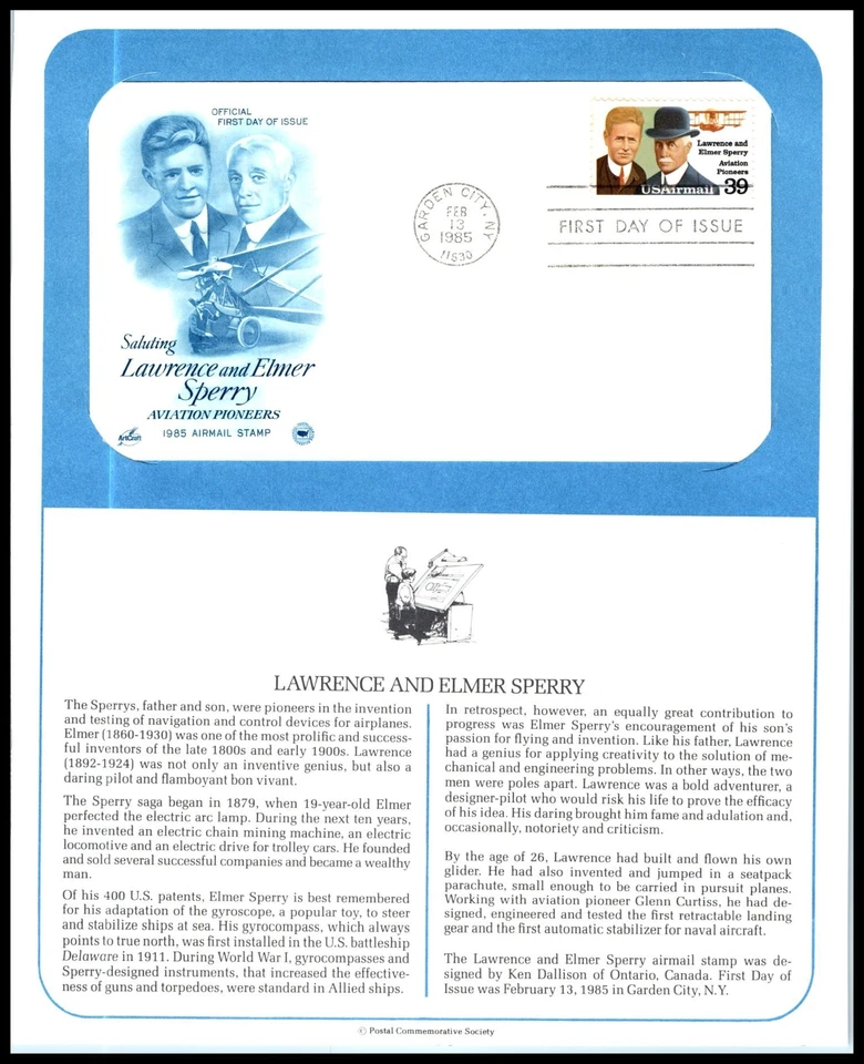 1985 Lawrence & Elmer Sperry gyroscope Sc C114 FDC 33c ArtCraft on PCS page - Image 1 of 1