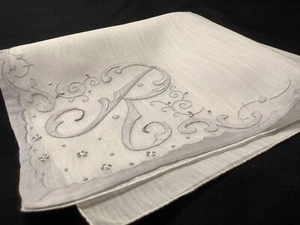 11094🌟Vintage Bridal GRAY Madeira Monogram “R” Wedding Handkerchief Heirloom - Picture 1 of 8