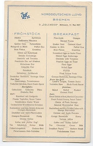Menú de desayuno de barco de Alemania del Norte de 1927 LLoyd Bremen - Imagen 1 de 1