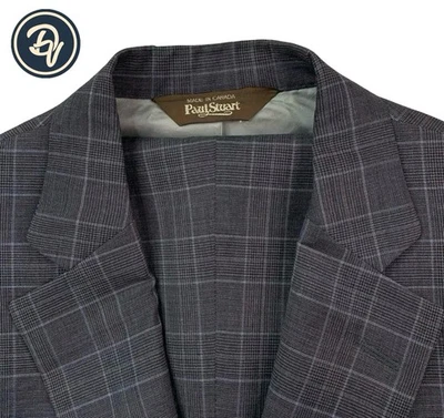 Mens 39 L Paul Stuart Charcoal Grey Double Windowpane Plaid Wool Suit - Image 1 of 4