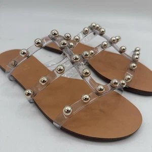 Schutz Sandal's Women's Sz 7 Tan Silver Studs Flats Clear Boho - Picture 1 of 6