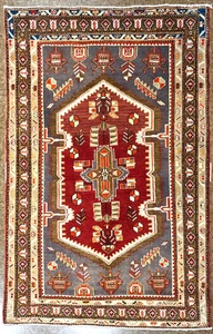 Hand Knotted Vintage Zanjan Red Blue Wool Tribal Oriental Rug 4'2" x 6'8" - Picture 1 of 13
