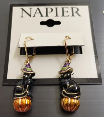 Новый Napier золотистый Хэллоуин Cat с ведьмой шляпа на тыкве капли серьги - Изображение 1 из 4