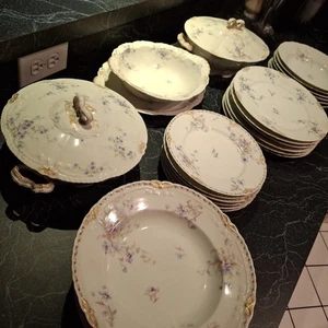 Antik Theodore Haviland Limoges Frankreich Schleiger blau floral rosa Goldrand 30 - Bild 1 von 13