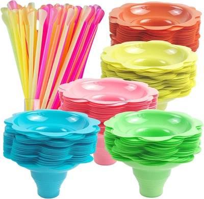 300PCS Colorful Flower Snow Cone Cups with Cone Spoon Straws, Plastic Snow Cone  - Image 1 of 4