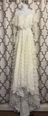 Vintage 60s 70s Victorian Ivory Bridallure Laced Wedding Dress Size 0 With Train - Image 1 of 4