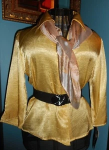L Gold Crinkle Satinbluse 3/4 SLV Neu mit Etikett & Vintage Oscar de la Renta Seidenschal - Bild 1 von 10