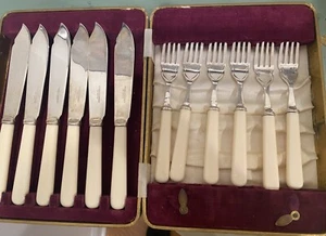 Sheffield antikes Fischbesteck 12tlg Art Deco Set, Elfenbein Zelluloid, orig ETUI - Bild 1 von 10