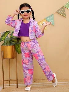 Girls Co-Ords Full-sleeves for Girls 3 Pcs Casual Wear Outfit Cotton Top Pant - Picture 1 of 20