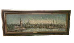 Quadro Panamora vintage con cornice dipinto di città e cielo blu con nuvole - Foto 1 di 10
