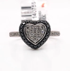 14K White Gold 0.66 TCW Natural White And Black Diamond Heart Ring - Picture 1 of 9