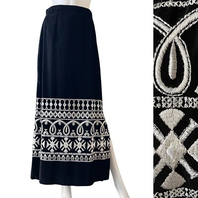 Vintage 70s Malbe Black Velvet Skirt White Embroidery Maxi Sz M, 28” Waist - Image 1 of 4