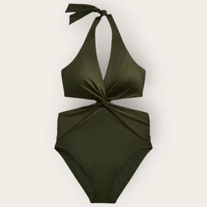 NEW Lauren Ralph Lauren Twist-Front Cutout Halter One-Piece Olive Green Size 10 - Picture 1 of 9