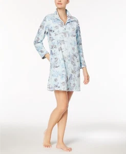 Miss Elaine Fleece Robe Floral Print Short Robe Zipper front S, M, L - Picture 1 of 2