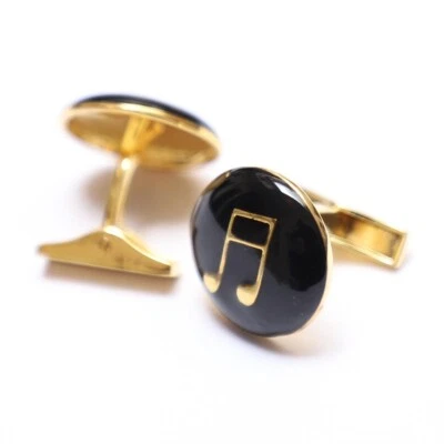 Gemelos enchapados en oro forma redonda esmalte negro nota musical de plata de ley 925 Foto 1 de 4