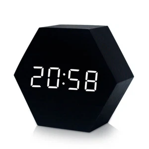 Digital Alarm Clock Display Snooze LED Temperature Hexagon Voice Control USB - Picture 1 of 15
