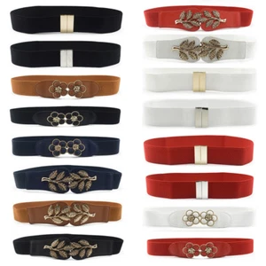 Lady Women Classic Metal Floral Buckle Waist Belt Faux Leather Elastic Waistband - Picture 1 of 22