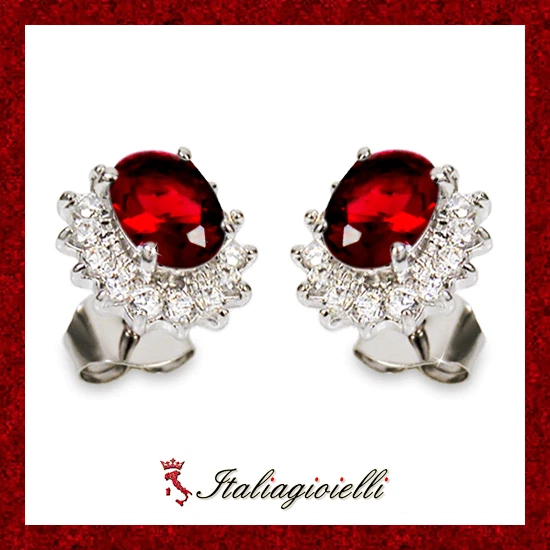 Sfarzosi Orecchini Rubino Brillanti in Argento 925 Rodiato Oro Bianco - Immagine 1 di 4