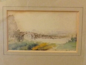 Vintage Miniatur Aquarell Gemälde gerahmt malerische Landschaft Brücke 6 x 7,5" - Bild 1 von 9