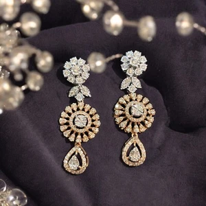 1.82 Cts Round Baguette Shape Natural Diamonds Dangle Earrings 14K Two-Tone Gold - Picture 1 of 13