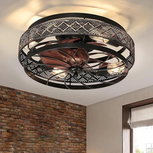 Low Profile Caged Black Ceiling Fans, Lights & Remote Flush Mount Light Fixture - Picture 1 of 12