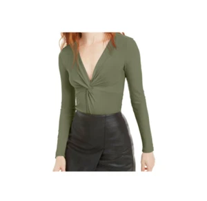 NEW $44.5 BAR III Womens Blouse Green Thong Bodysuit Twist-Knot V-Neck - Picture 1 of 6