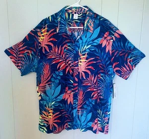Men's Shirt NWT Rayon L Blue Print Payton & Parker Short-sleeved Colorfast - Picture 1 of 5